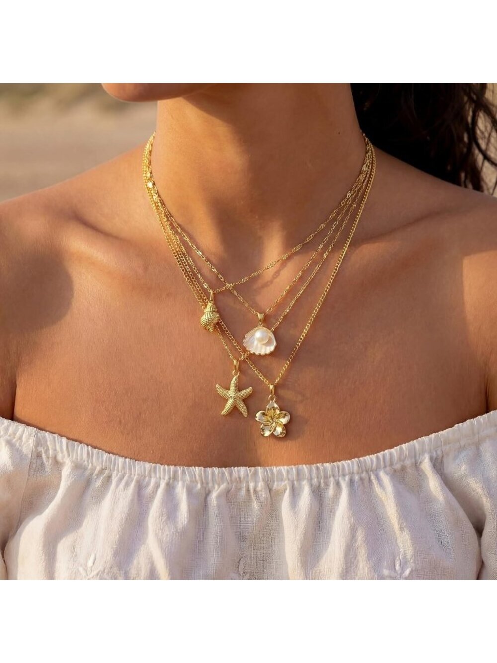Women's Flower Glod Plated Layered Pendan Dainty Coastal Charm Starfish Necklace - Picture 2 of 7